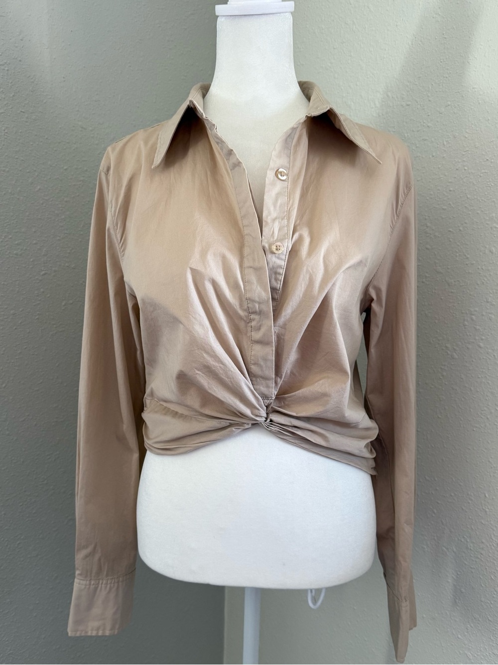 Jason Wu Twist Front Cropped Button Up Blouse Nude Beige Medium